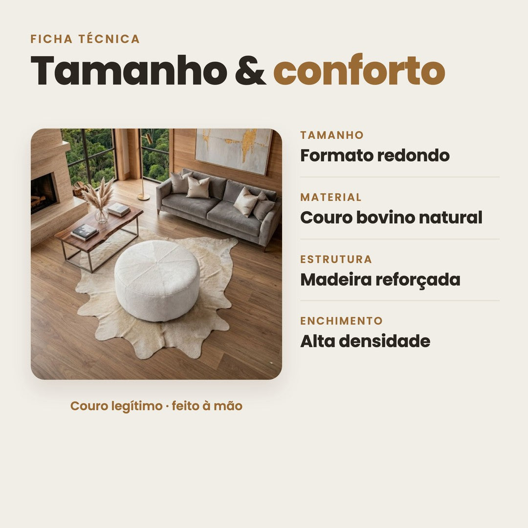 DECOURO · Puff Redondo em Couro Bovino Natural Branco — Características