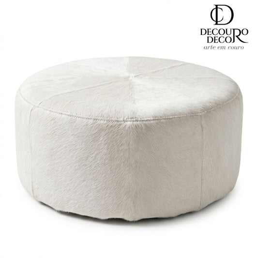 Puff Redondo em Couro Bovino Natural Branco