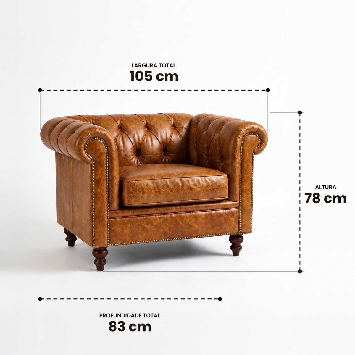Medidas da Poltrona Chesterfield Caramelo: 105 cm de largura, 83 cm de profundidade e 78 cm de altura