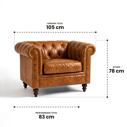 Medidas da Poltrona Chesterfield Caramelo: 105 cm de largura, 83 cm de profundidade e 78 cm de altura