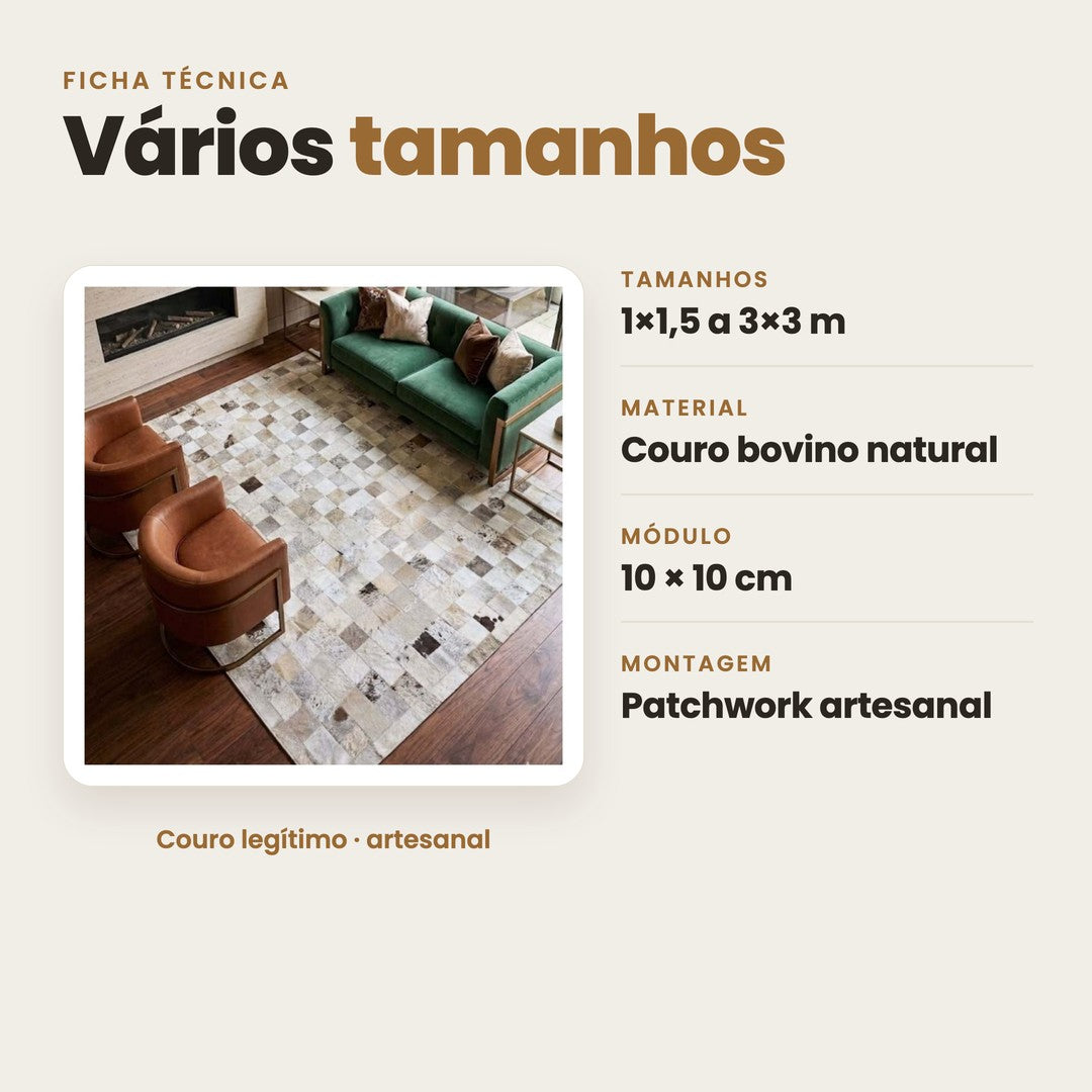 DECOURO · Tapete Pampa de Couro Quadriculado Tons Claros - Módulo 10x10 cm — Características