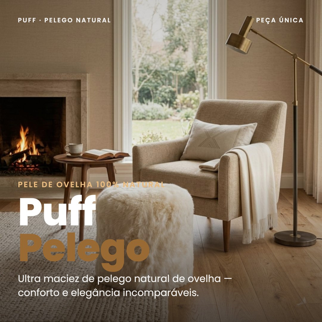 DECOURO · Puff Pelego Natural Redondo — Ultra Maciez — Hero