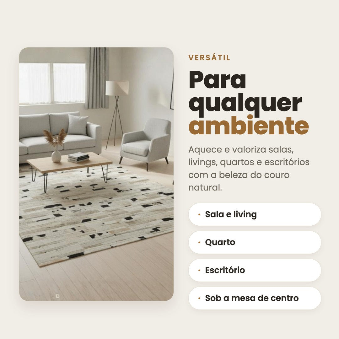 DECOURO · Tapete Tiras Olivia – Preto e Branco em Couro Legítimo — Versatilidade