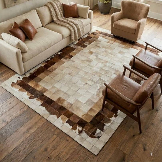 Tapete Grécia - Marrom/Branco/Bege Couro Legítimo - Módulo 10x10 cm