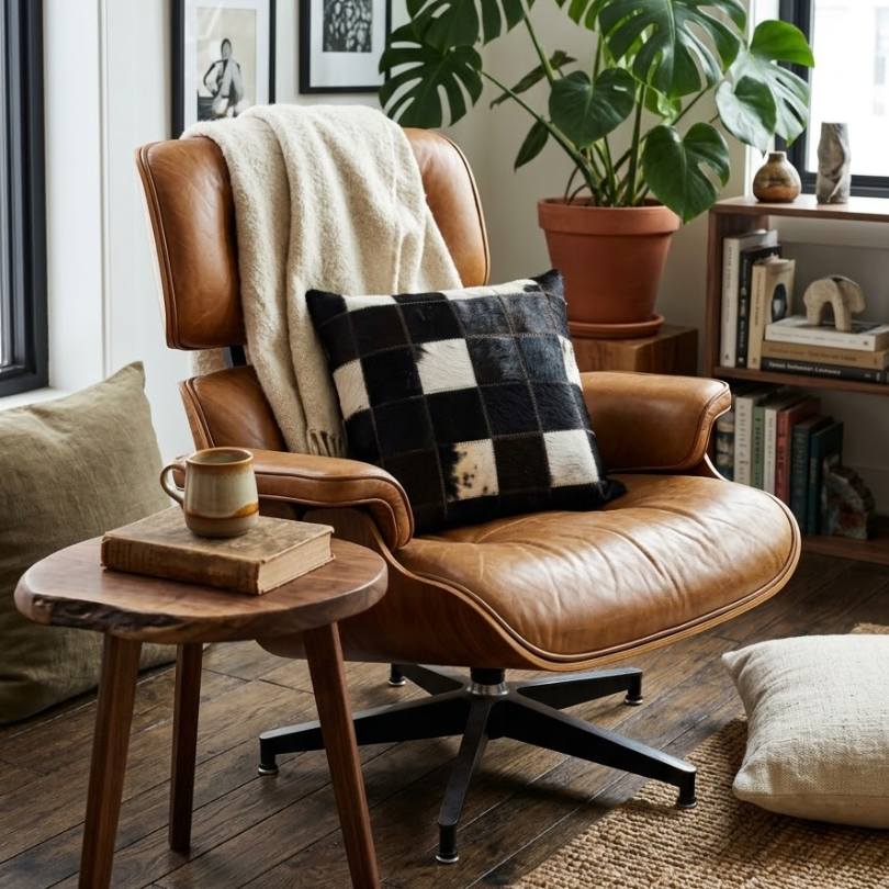 Almofada de Couro Legítimo Quadriculada - Preto e Branc em ambiente de sala de estar decorada