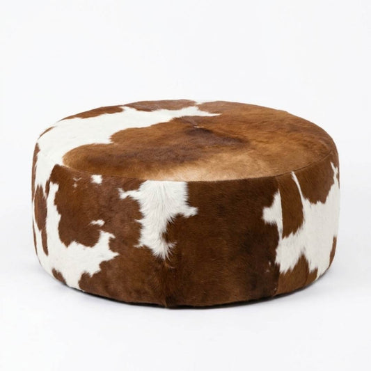 Puff Redondo em Couro Bovino Natural - Marrom e Branco