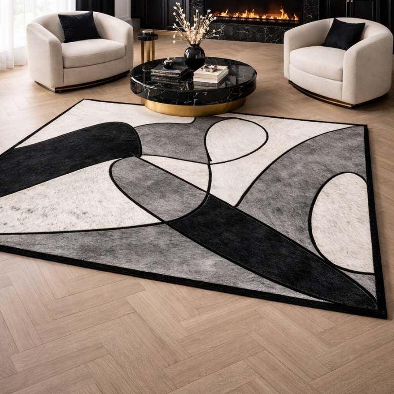 Tapete Ônix Abstract - Couro Legítimo em ambiente de sala de estar decorada