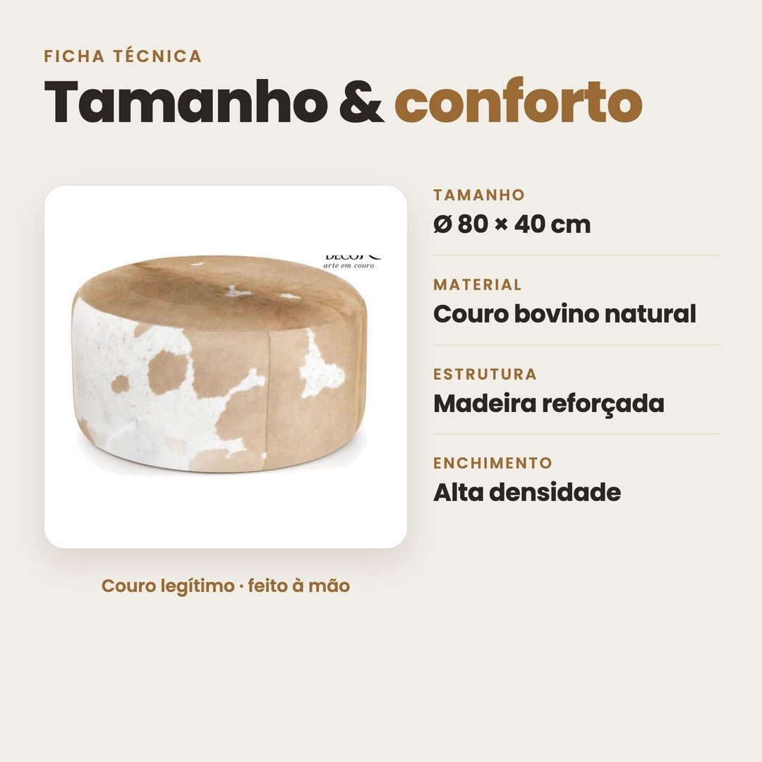 DECOURO · Puff Redondo em Couro Linha Premium Bege e Claro — Tamanho Grande (80 x 40 cm) PRONTA ENTREGA — Características