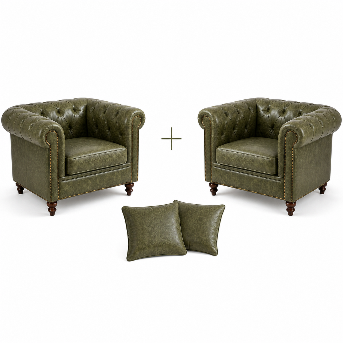 Composição de 2 Poltronas Chesterfield Verde Esmeralda + 2 almofadas em couro