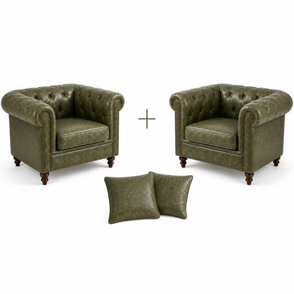 Composição de 2 Poltronas Chesterfield Verde Esmeralda + 2 almofadas em couro