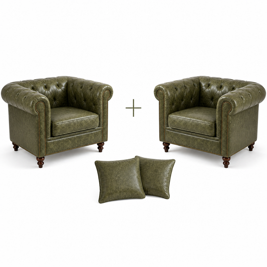 Composição de 2 Poltronas Chesterfield Verde Esmeralda + 2 almofadas em couro