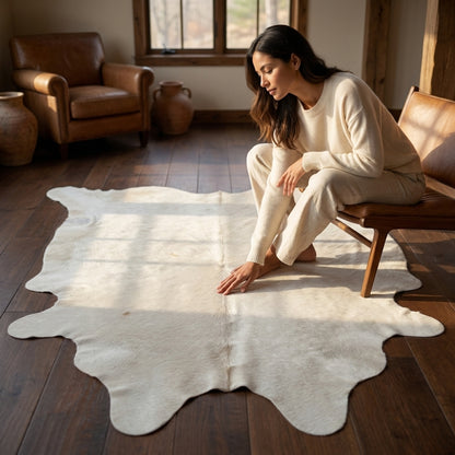 Tapete Bovino Branco Sedoso - Linha Premium I BRA846 I 2,03x2,10m em Couro Legítimo em ambiente