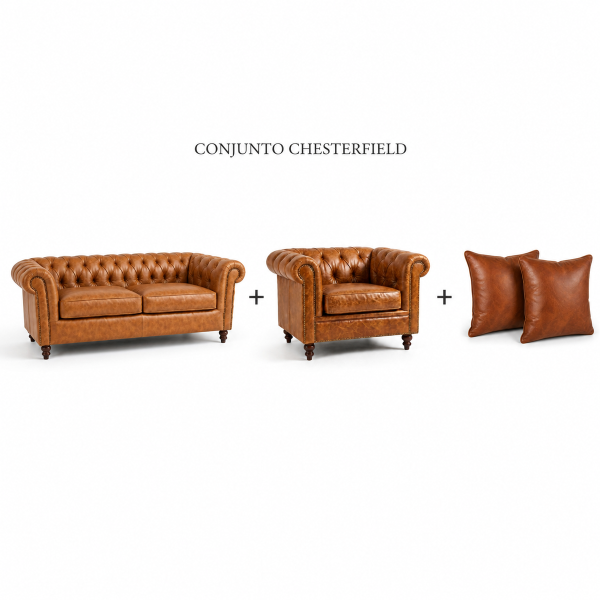 Conjunto Chesterfield Caramelo: sofá, poltrona e almofadas em couro da mesma cor