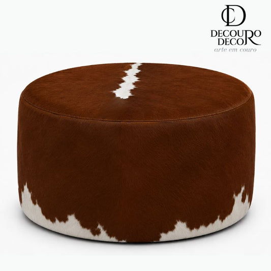 Puff Redondo em Couro Bovino Natural - Marrom e Branco