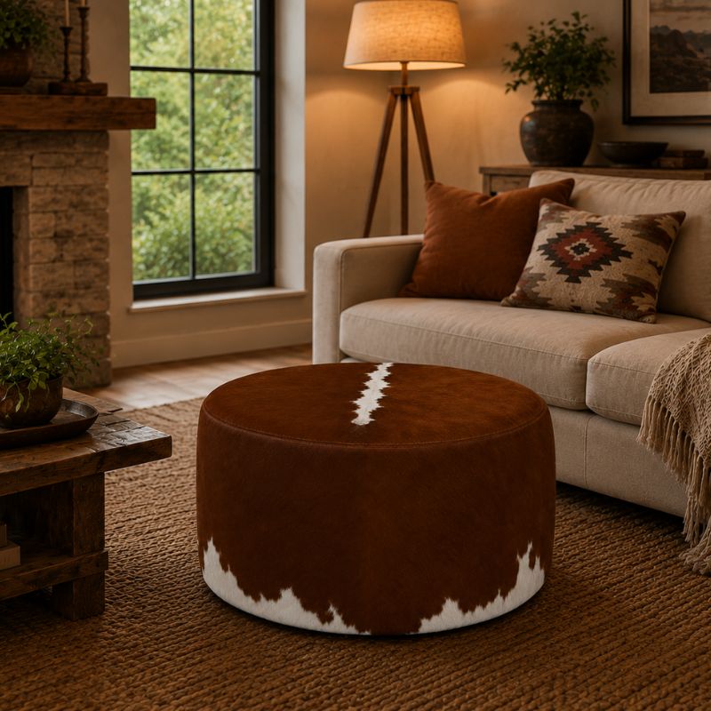 Puff Redondo em Couro Bovino Natural - Hereford Marrom e Branco