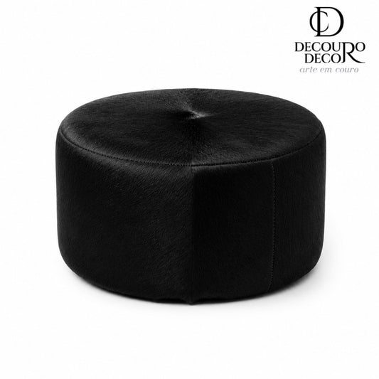 Puff Redondo em Couro Bovino Natural - Preto