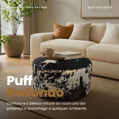 DECOURO · Puff Redondo em Couro Bovino Natural Salino Preto e Branco — Tamanho Grande (80 x 40 cm) PRONTA ENTREGA — Hero