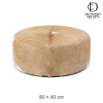 Puff Redondo em Couro Bovino Natural Bege Claro 80x40 cm