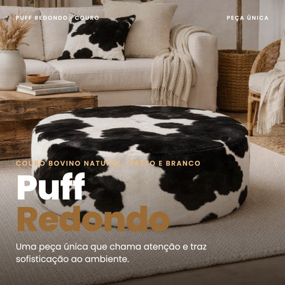 Detalhe das costuras do puff de couro legítimo redondo preto e branco