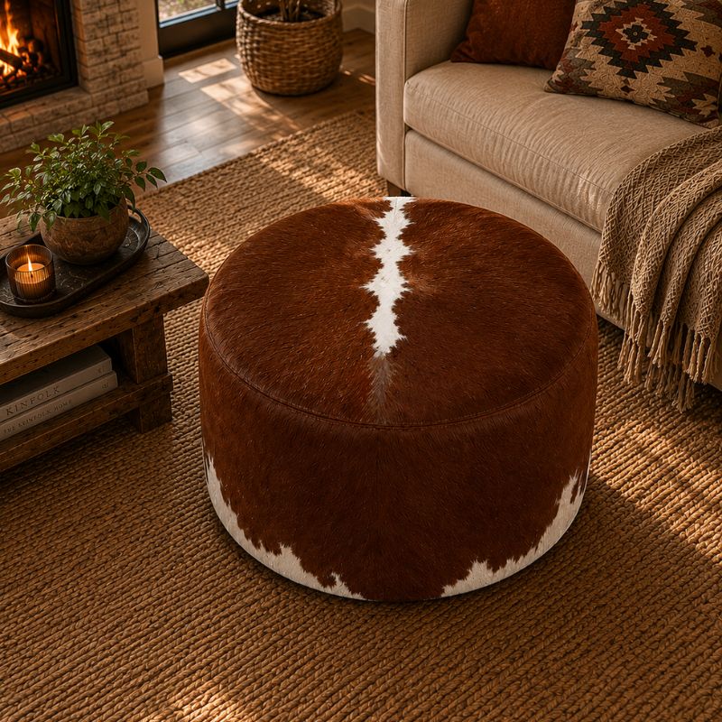 Puff Redondo em Couro Bovino Natural - Hereford Marrom e Branco