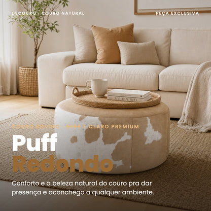 DECOURO · Puff Redondo em Couro Linha Premium Bege e Claro — Tamanho Grande (80 x 40 cm) PRONTA ENTREGA — Hero