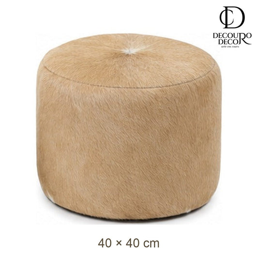 Puff Redondo em Couro Bovino Natural Bege 40x40 cm Tamanho Pequeno