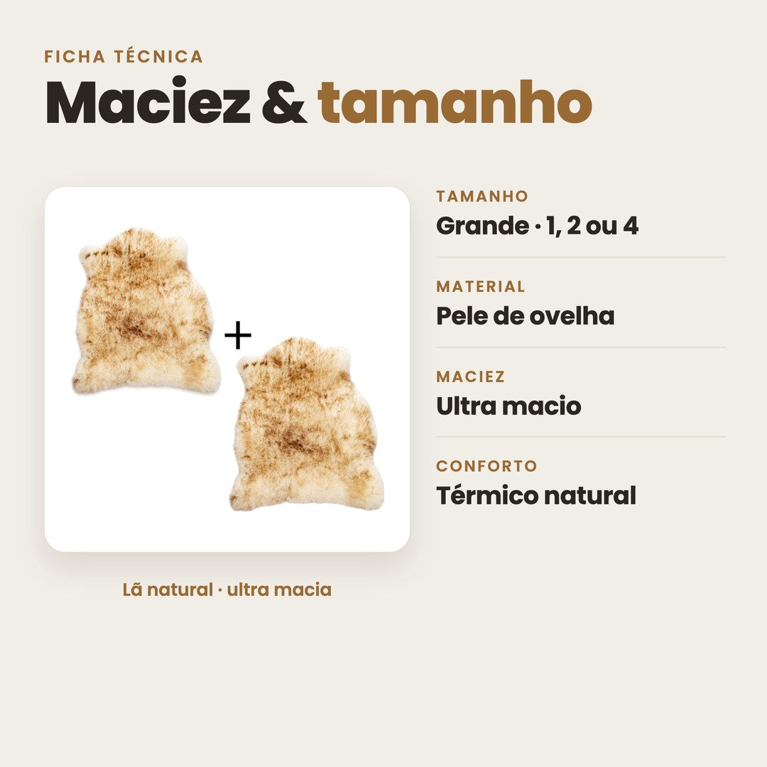 DECOURO · Pelego Natural Chamuscado Dourado Macio Tamanho Grande — Características