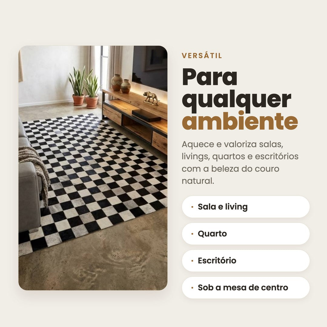 DECOURO · Tapete Xadrez - Preto e Branco Módulo 10x10 cm em Couro Legítimo — Versatilidade