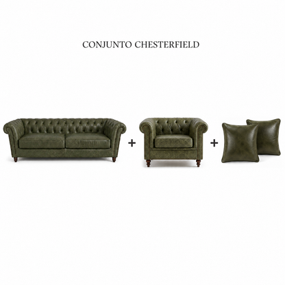 Conjunto Chesterfield Verde Esmeralda: sofá, poltrona e almofadas em couro da mesma cor
