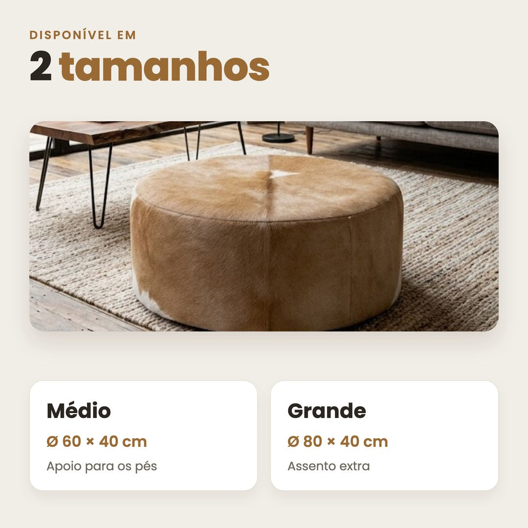 DECOURO · Puff Redondo em Couro Bovino Natural Bege Claro — Medidas e características