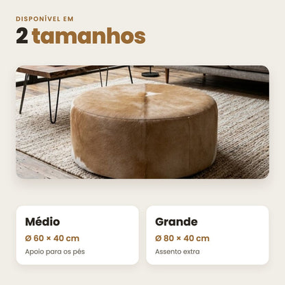 DECOURO · Puff Redondo em Couro Bovino Natural Bege Claro — Medidas e características