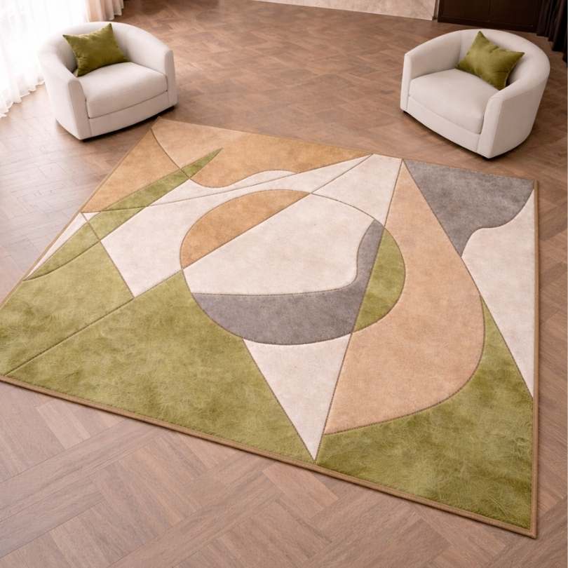Tapete Dália orgânico de couro legítimo em verde oliva, bege e off-white — vista frontal