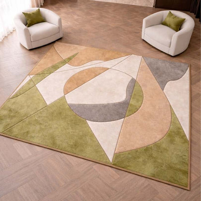 Tapete Dália orgânico de couro legítimo em verde oliva, bege e off-white — vista frontal