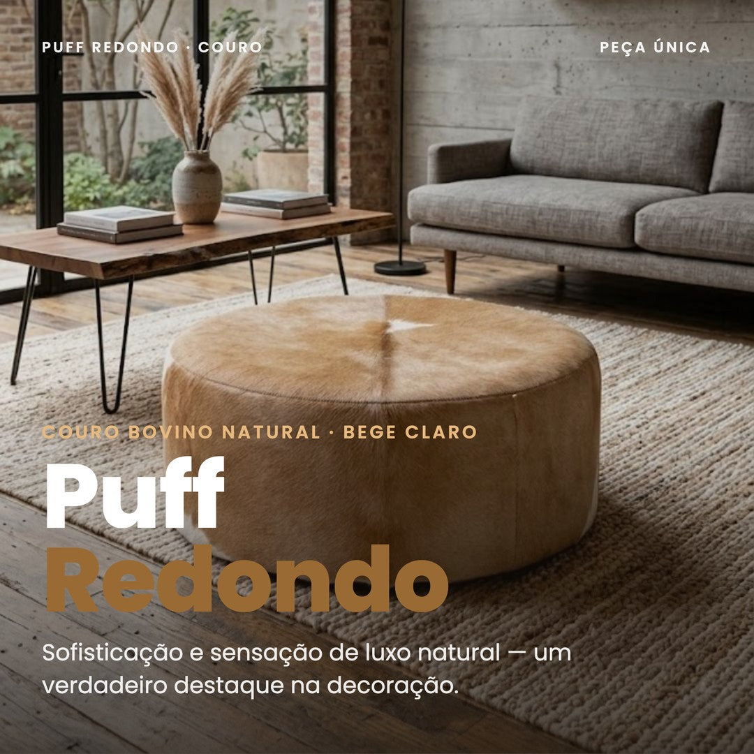 DECOURO · Puff Redondo em Couro Bovino Natural Bege Claro — Hero