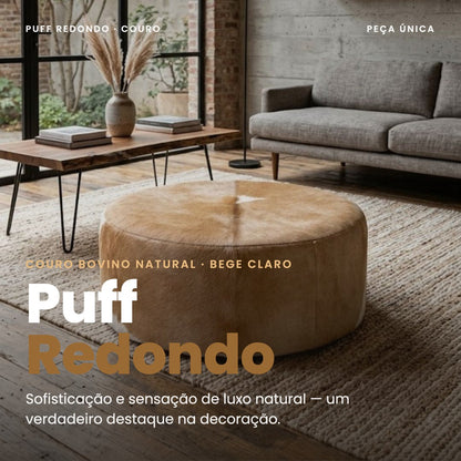 DECOURO · Puff Redondo em Couro Bovino Natural Bege Claro — Hero