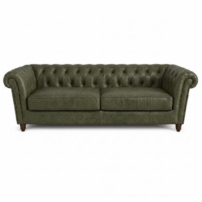 Sofá Inglês Chesterfield Verde Esmeralda de 2 lugares em couro premium — 222 cm, fundo branco