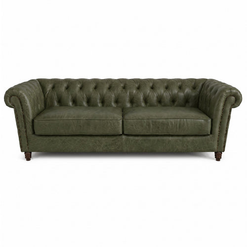 Sofá Inglês Chesterfield Verde Esmeralda de 2 lugares em couro premium — 222 cm, fundo branco