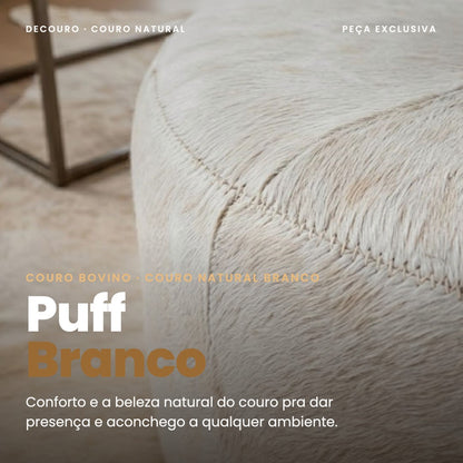 DECOURO · Puff Redondo em Couro Bovino Natural Branco — Hero