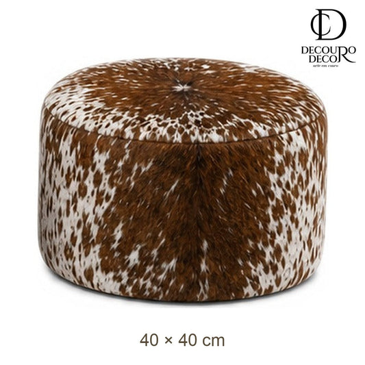 Puff Redondo em Couro Bovino Natural Tamanho Grande – Pequeno (40×40 cm)
