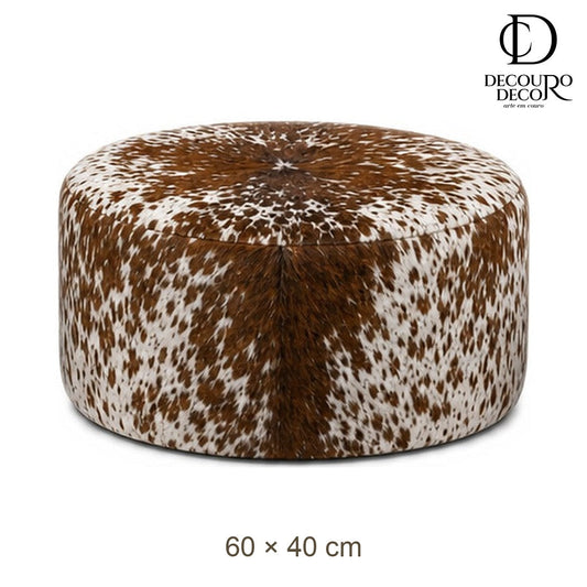 Puff Redondo em Couro Bovino Natural Tamanho Grande – Médio (60×40 cm)