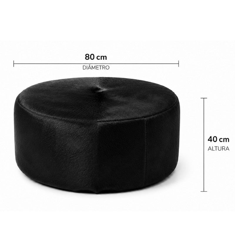 Lateral do puff de couro natural redondo preto para sala de estar
