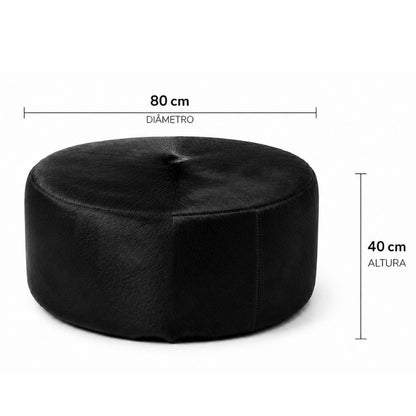 Lateral do puff de couro natural redondo preto para sala de estar