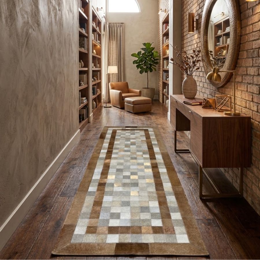 Passadeira Horizonte de Couro Natural - Bege Claro e Be em ambiente de sala de estar decorada
