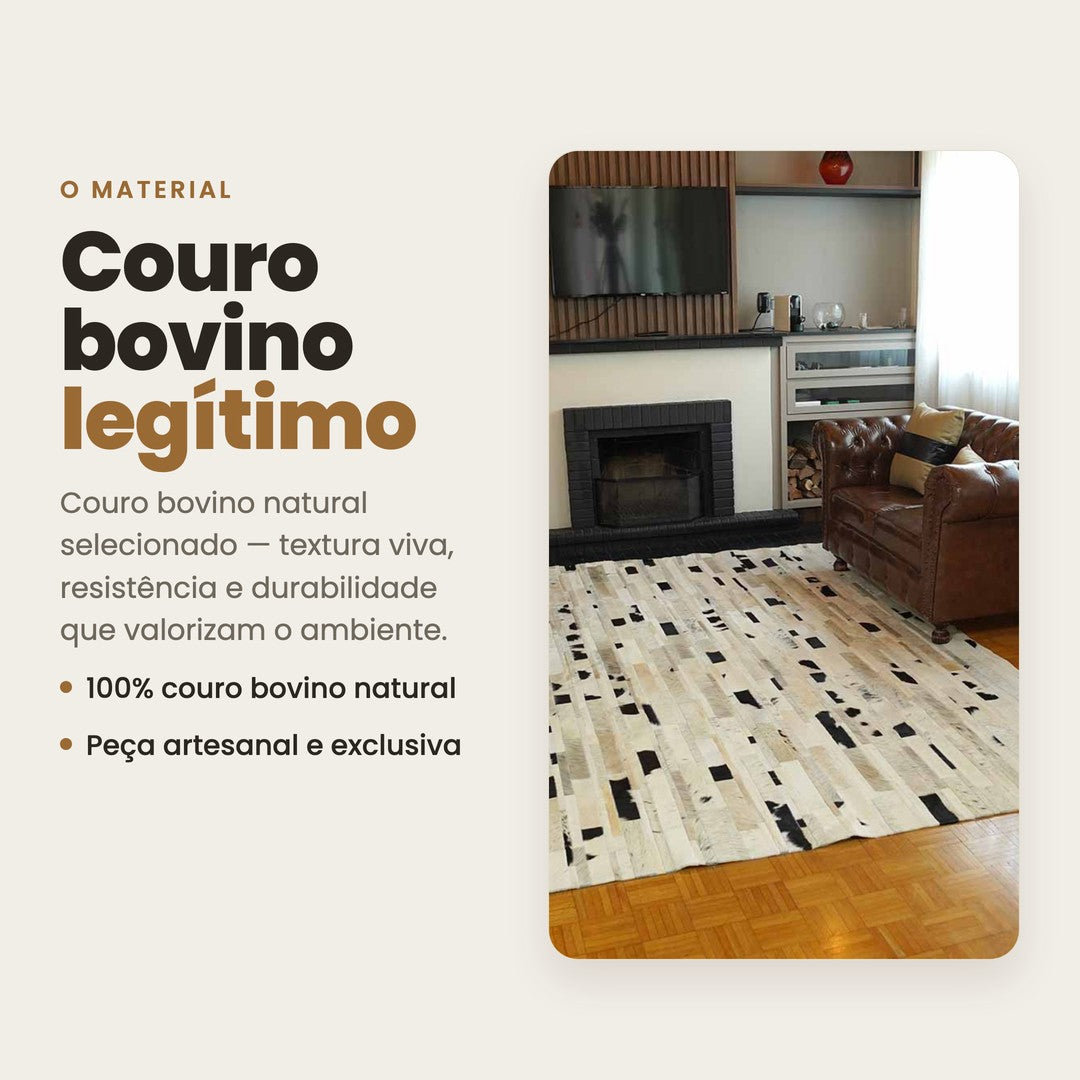 DECOURO · Tapete Tiras Olivia – Preto e Branco em Couro Legítimo — Material