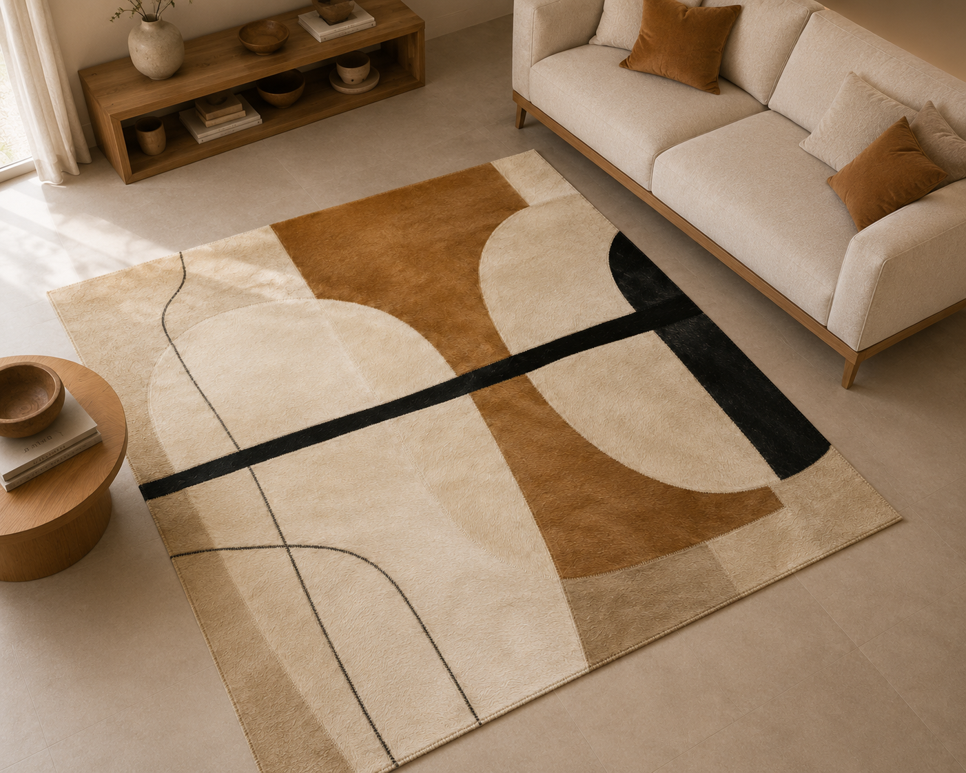 Tapete Âmbar Flow Orgânico - Couro Legítimo em ambiente de sala de estar decorada