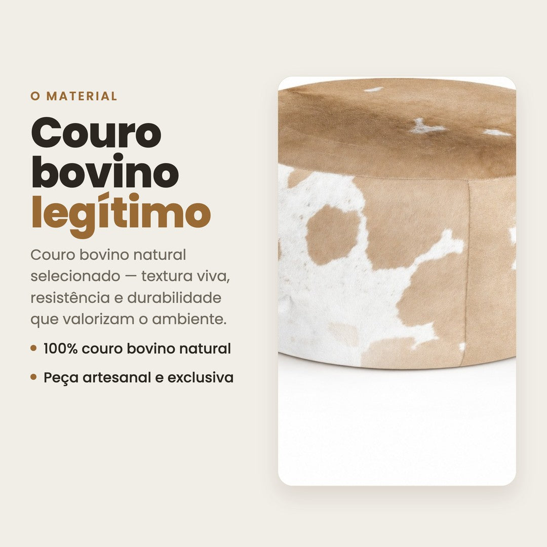 DECOURO · Puff Redondo em Couro Linha Premium Bege e Claro — Tamanho Grande (80 x 40 cm) PRONTA ENTREGA — Material
