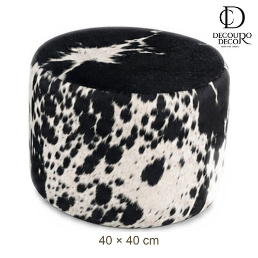 Puff Redondo em Couro Bovino Natural Salino Preto e Branco 40x40 cm Tamanho Pequeno