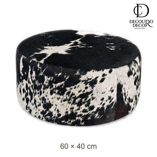Puff Redondo em Couro Bovino Natural Salino Preto e Branco 60x40 cm Tamanho Médio