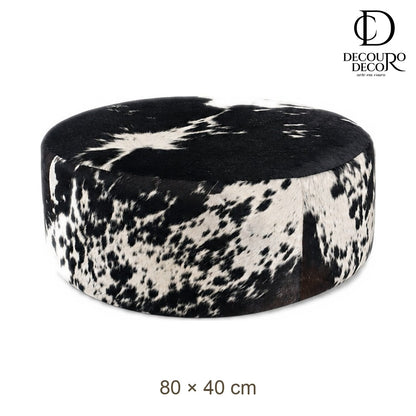 Puff Redondo em Couro Bovino Natural Salino Preto e Branco