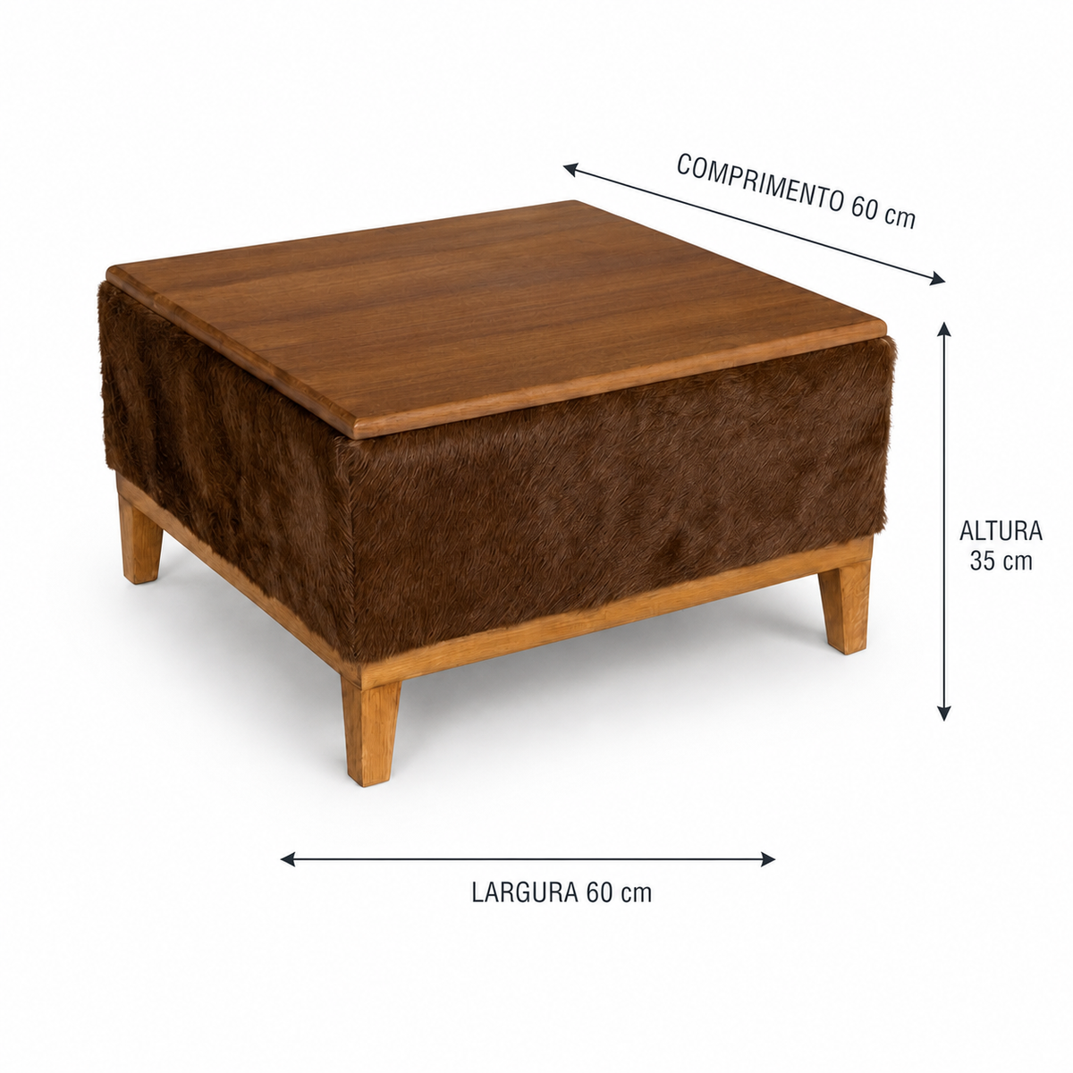 Dimensões da mesa de centro marrom: comprimento 60 cm, largura 60 cm, altura 35 cm